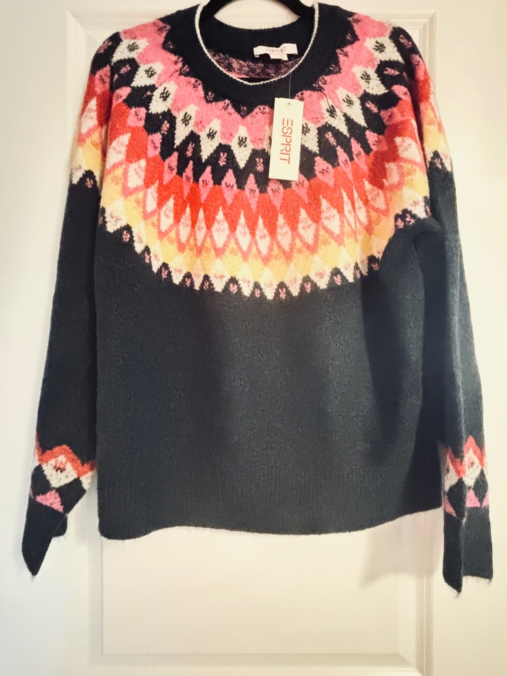 Esprit Black Fair Isle Pullover Sweater with Pink & Coral Pattern